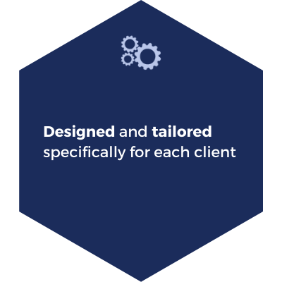 A shape with a text "Designed and tailored specifically for each client"